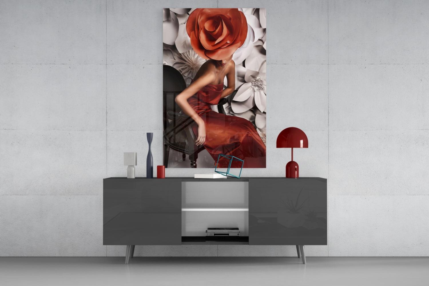Flower Woman Glass Wall Art displayed above a dark gray media console, featuring a woman's figure with a red rose head against white and gray floral background.