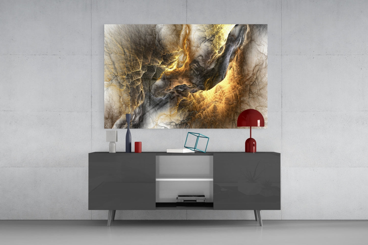 Golden Chaos Glass Wall Art displayed above a dark gray media console with red decorative accessories and white shelving.