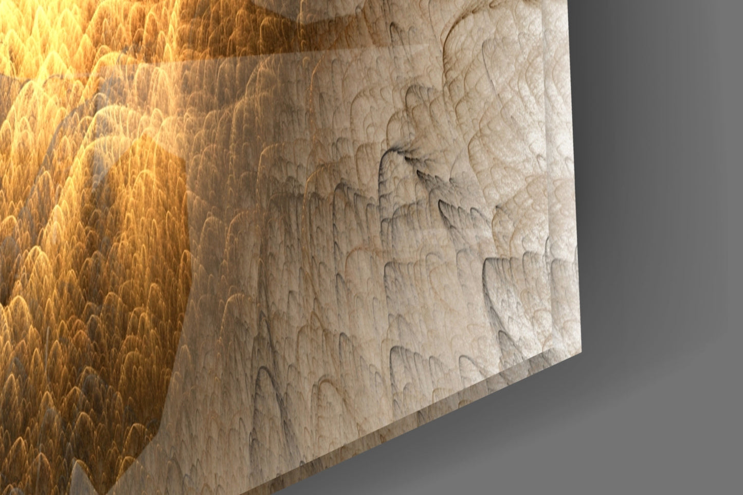 Close-up angled view of Golden Chaos Glass Wall Art showing textured golden and white surface with layered relief pattern.
