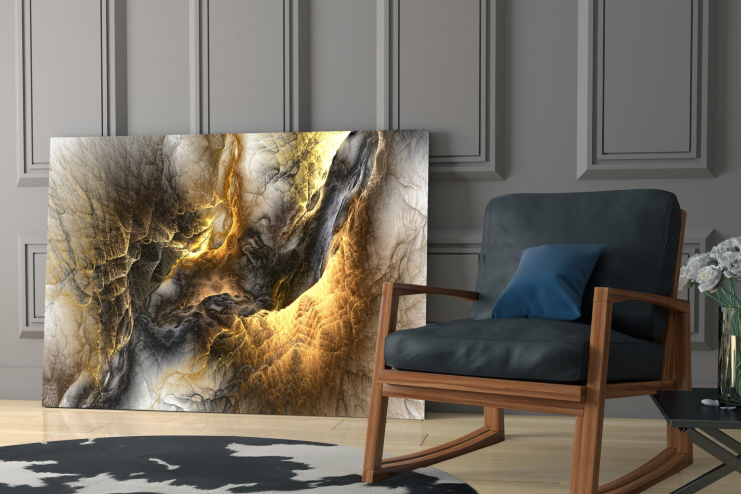 Golden Chaos Glass Wall Art displayed in modern living room beside wooden armchair with black cushions and blue pillow.