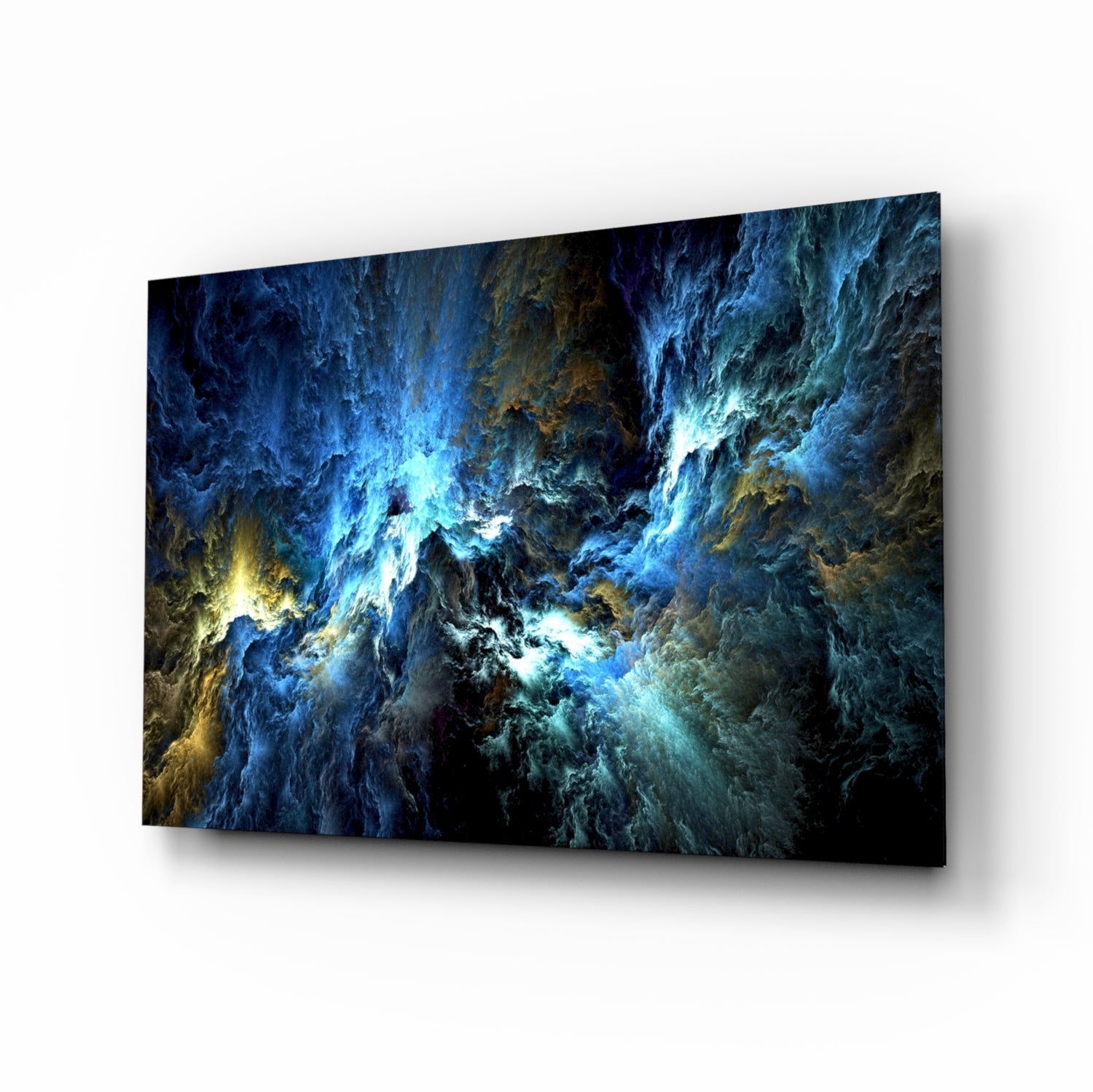 Angled perspective of glass wall art featuring swirling blue, cyan, and golden-yellow fractal patterns with bright light centers.