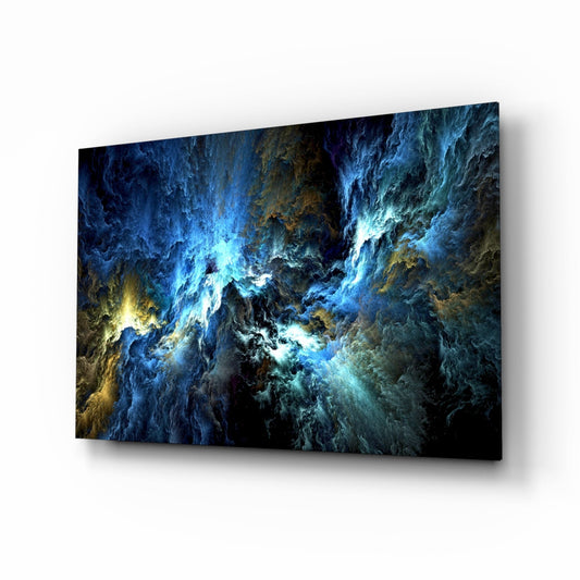 Angled perspective of glass wall art featuring swirling blue, cyan, and golden-yellow fractal patterns with bright light centers.