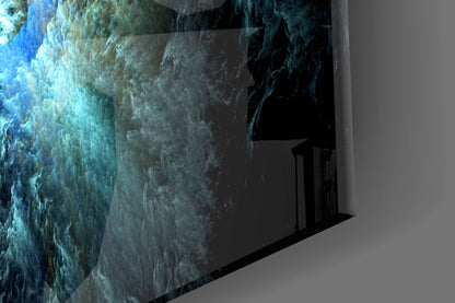 Angled perspective view of Cosmic Blue Glass Wall Art displaying swirling turquoise and white textured glass surface with dark edges.