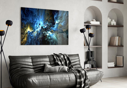 Cosmic Blue Glass Wall Art displayed above a gray leather sofa in a modern living room with arched shelving.