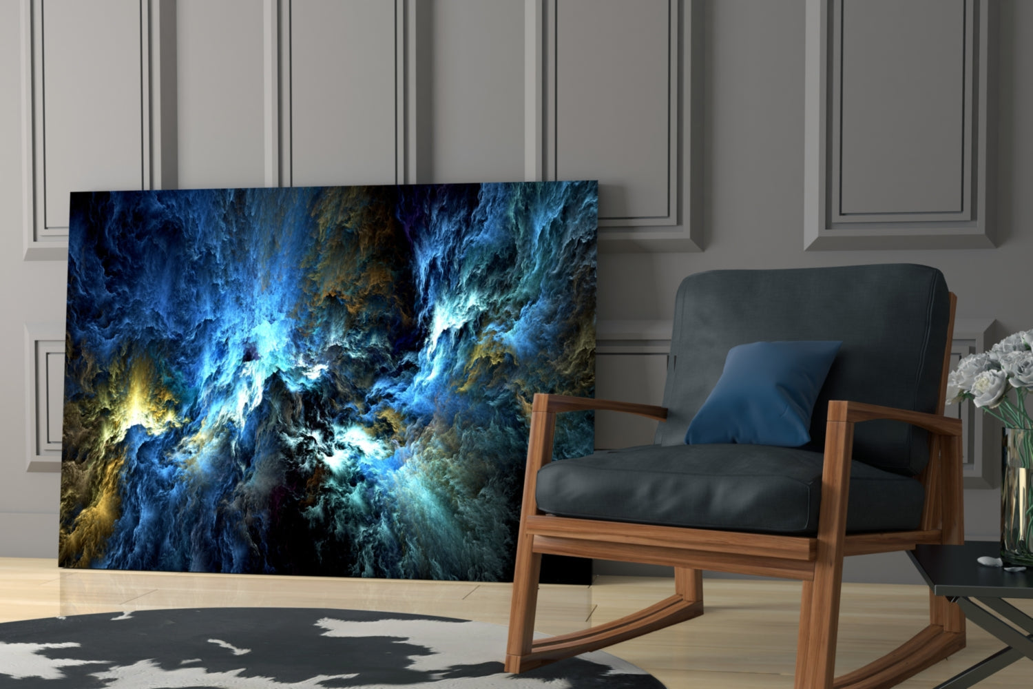 Cosmic Blue Glass Wall Art displayed in a modern living room beside a wooden chair with black upholstery and blue pillow.