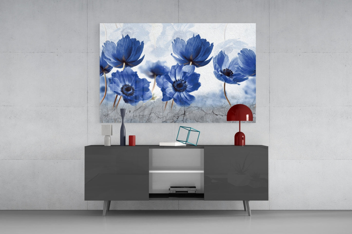 Blue Anemone Flowers Painted Glass Wall Art