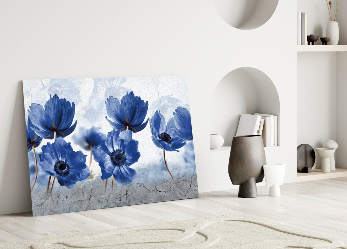 Blue Anemone Flowers Painted Glass Wall Art