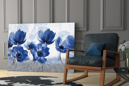 Blue Anemone Flowers Painted Glass Wall Art