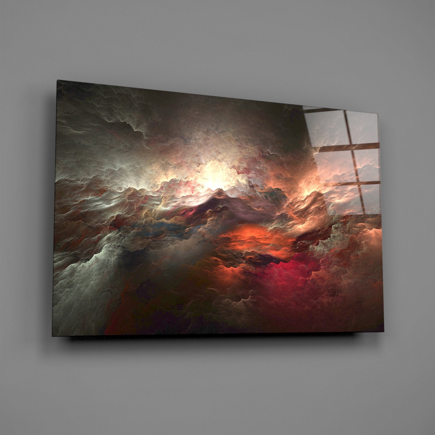 Red Chaos Glass Wall Art mounted on gray wall, displaying dramatic stormy clouds with orange and red lighting, ship rigging visible on right edge.