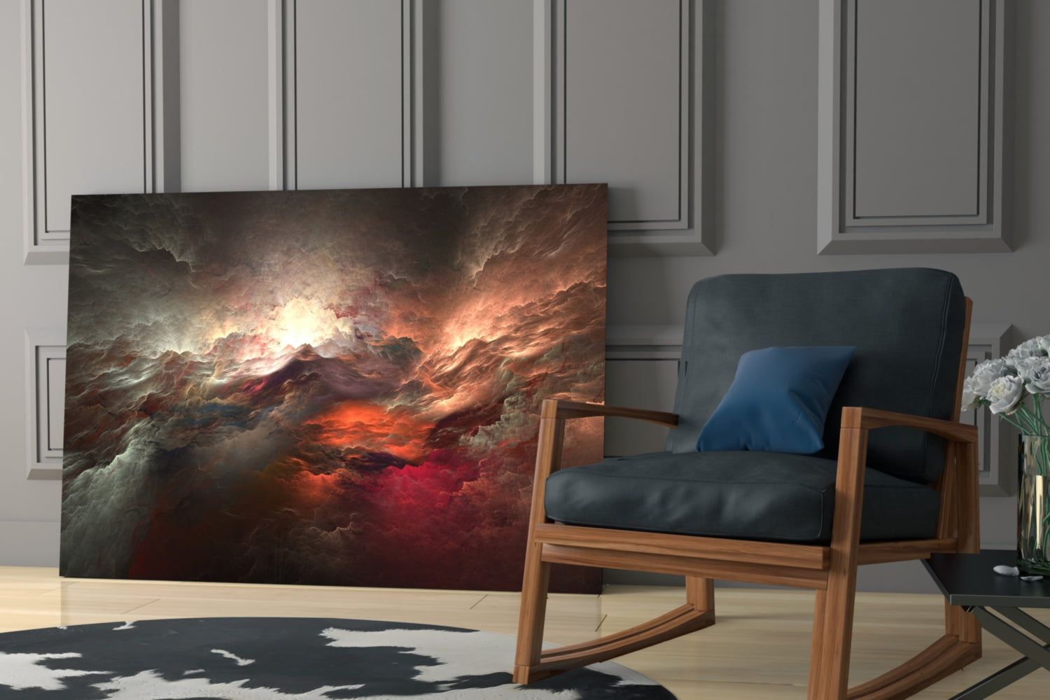 Red Chaos Glass Wall Art displayed in modern living room beside wooden chair with dark cushions and blue pillow.