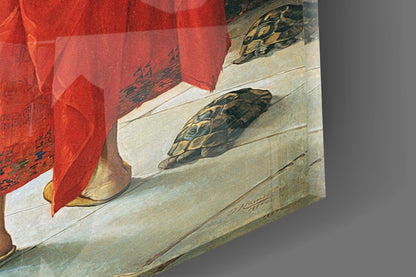 Close-up angled view of glass art showing detailed turtle designs on cream-colored surface with red fabric drape above.