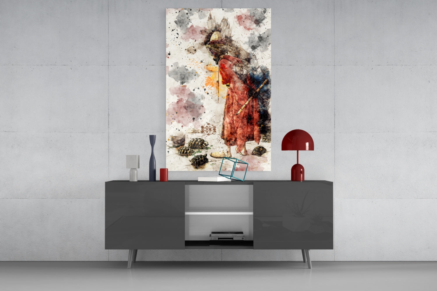 Tortoise Trainer glass wall art displayed above gray media console, showing watercolor illustration of robed figure with animal and nature elements in red, brown, and gray tones.