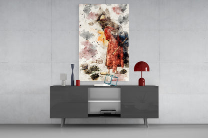 Tortoise Trainer glass wall art displayed above gray media console, showing watercolor illustration of robed figure with animal and nature elements in red, brown, and gray tones.