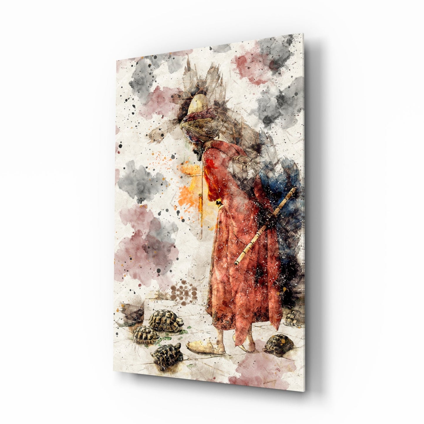 Angled view of glass wall art depicting a figure in red robes with a bird and tortoises, rendered in watercolor splashes of gray, red, and gold tones.