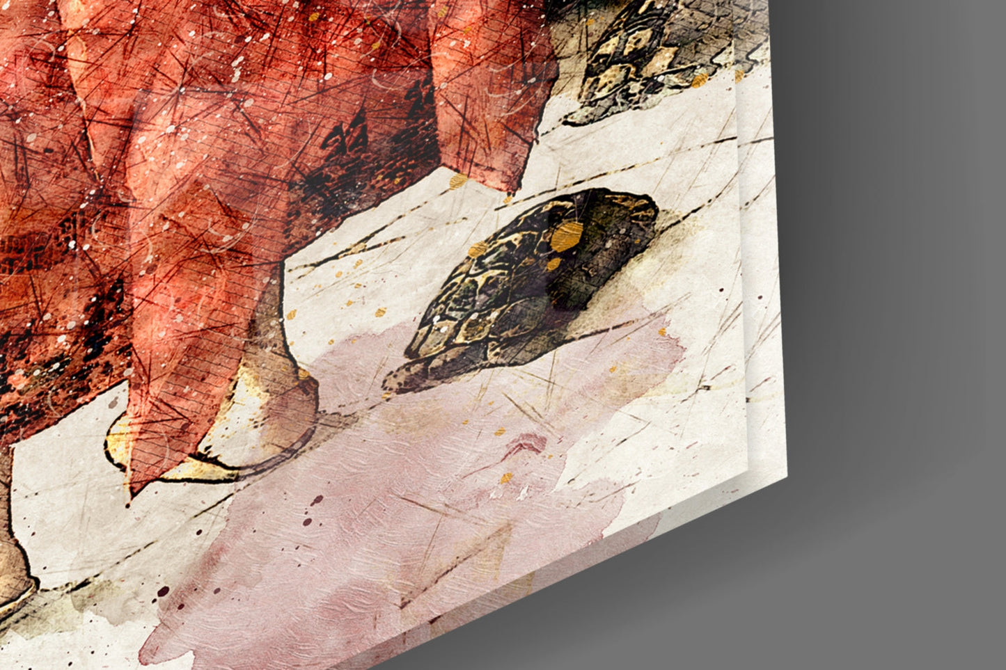 Close-up angled view of glass art showing illustrated tortoise with patterned shell in black and gold against red, pink, and cream watercolor backgrounds.