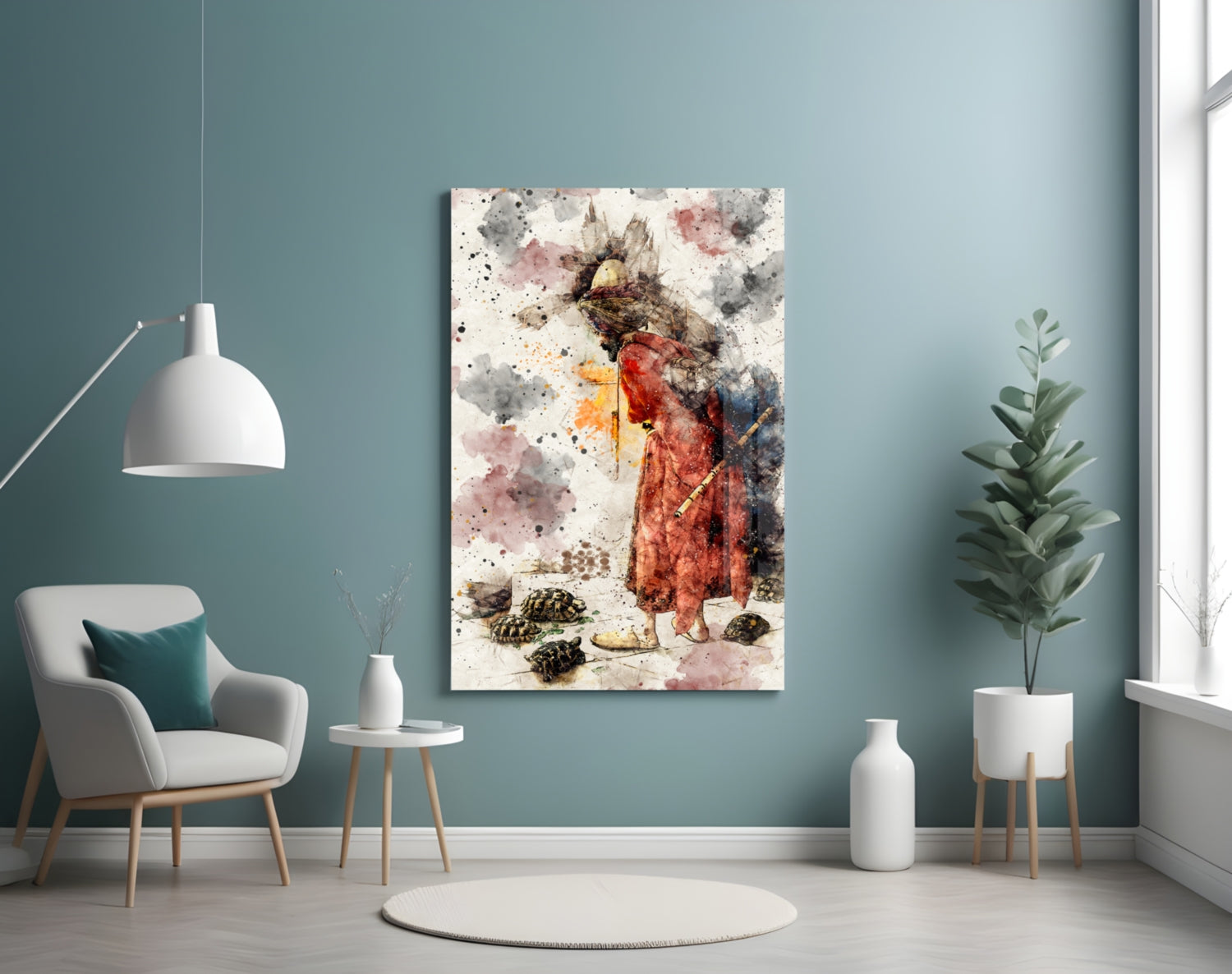 Glass wall art depicting a watercolor tortoise trainer in red robe with brown tortoises, displayed in modern teal bedroom setting.
