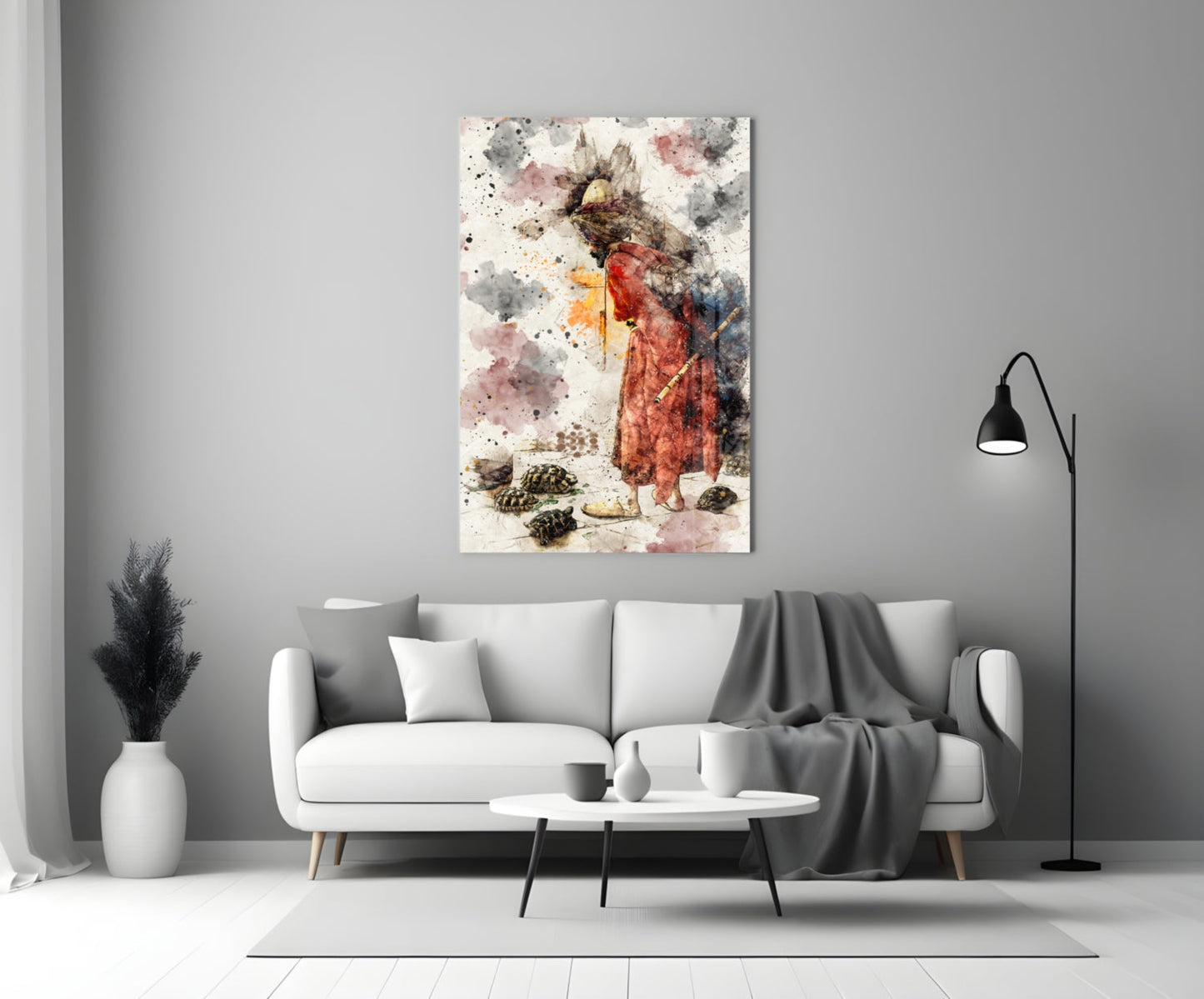 Tortoise Trainer Illustration glass wall art displayed above a white sofa in a minimalist living room setting.