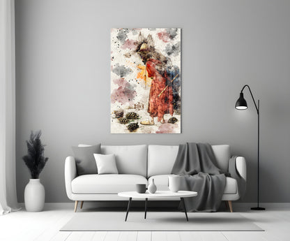Tortoise Trainer Illustration glass wall art displayed above a white sofa in a minimalist living room setting.