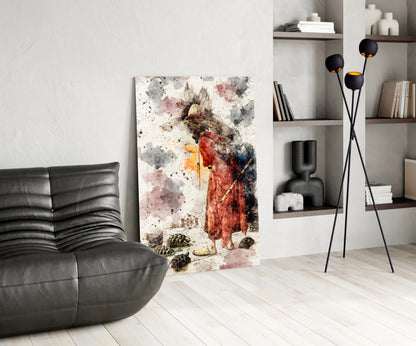 Watercolor tortoise illustration on glass leaning against white wall in modern living room with black leather chair and shelving.