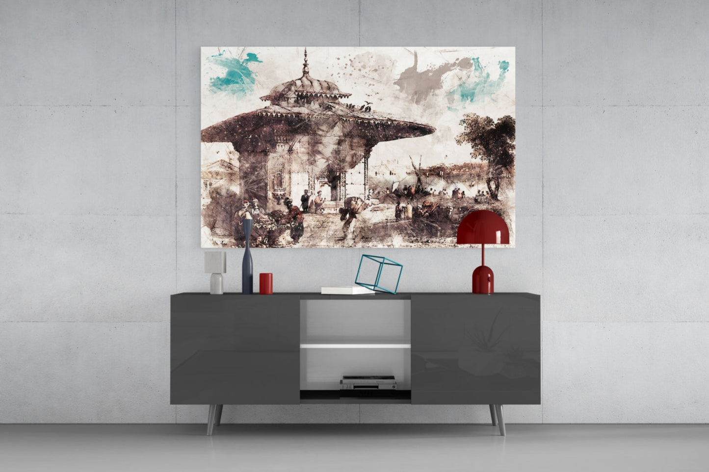 Uskudar Illustration glass wall art displaying a sepia-toned historical mosque scene with teal watercolor accents, mounted above a dark gray media console.