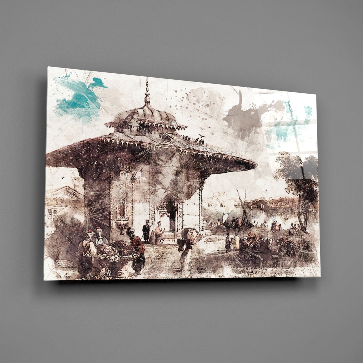 Glass wall art featuring a sepia-toned historical illustration of an Ottoman mosque with dome and minaret, surrounded by figures and turquoise watercolor accents.