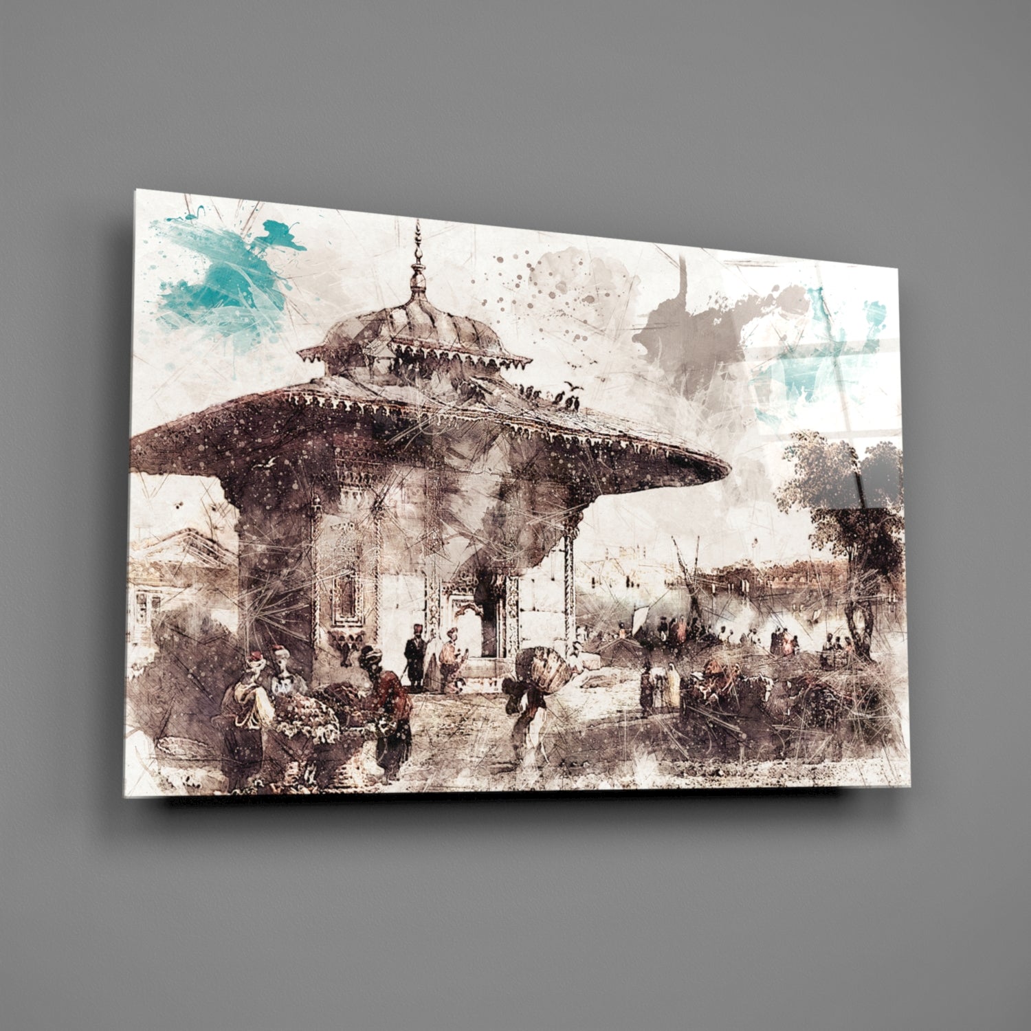 Glass wall art featuring a sepia-toned historical illustration of an Ottoman mosque with dome and minaret, surrounded by figures and turquoise watercolor accents.