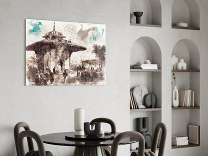 Glass wall art depicting a sepia-toned Ottoman architectural scene with turquoise watercolor accents, displayed above a dining table in a modern interior.