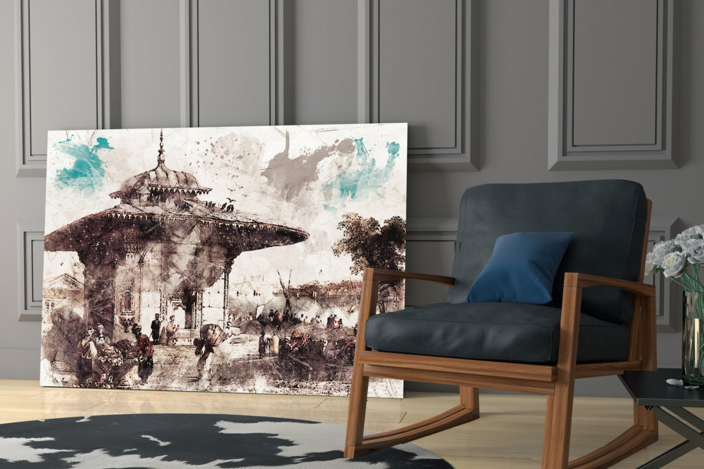 Glass wall art depicting sepia-toned Ottoman architectural scene with turquoise watercolor accents displayed in modern living room next to wooden chair.