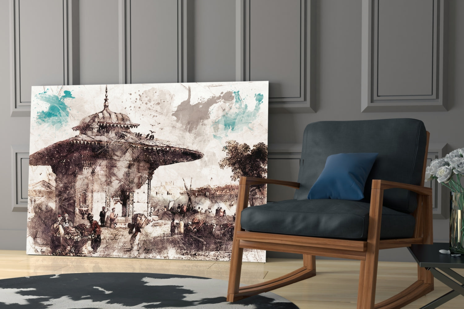 Glass wall art depicting sepia-toned Ottoman architectural scene with turquoise watercolor accents displayed in modern living room next to wooden chair.