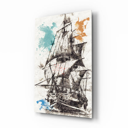 Three-masted sailing ship with detailed rigging in sepia tones, accented with turquoise, orange, and blue watercolor splashes on white glass.