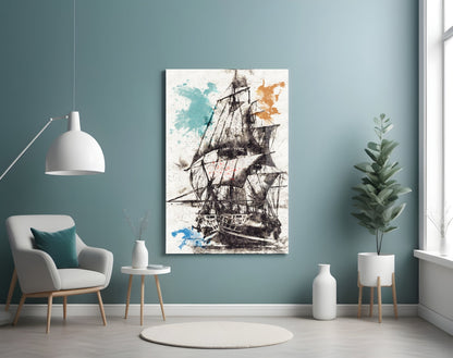 Ship Illustration Glass Wall Art displayed on teal wall above white chair, showing detailed sailing vessel with turquoise and orange watercolor splashes.