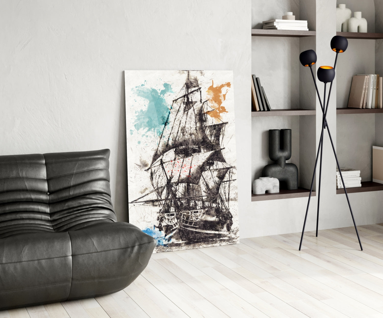 Modern living room featuring a tall glass wall art panel displaying a detailed sailing ship sketch with turquoise and orange watercolor accents.