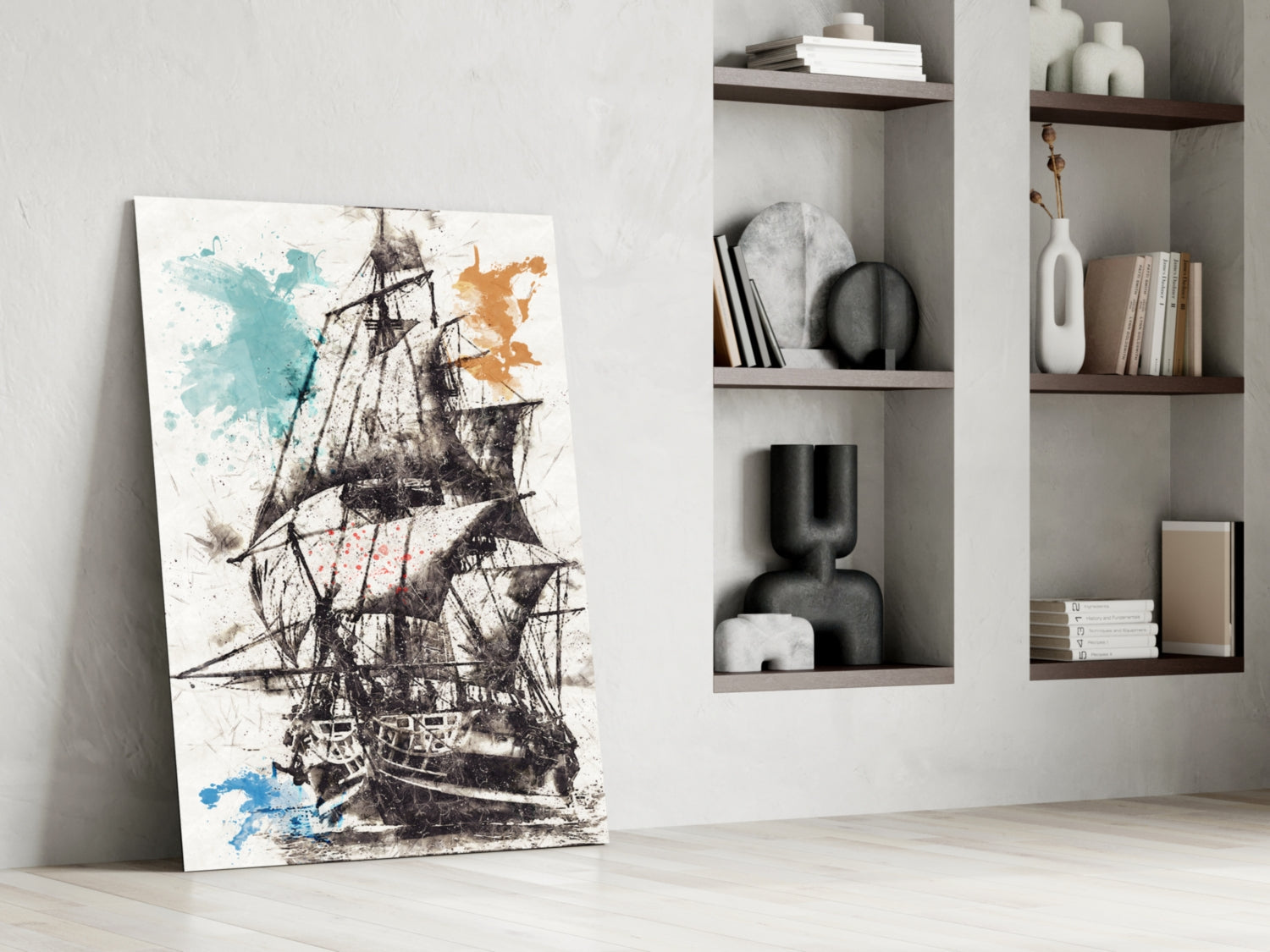 Glass wall art leaning against white wall displays detailed black sailing ship with blue and orange watercolor splashes.