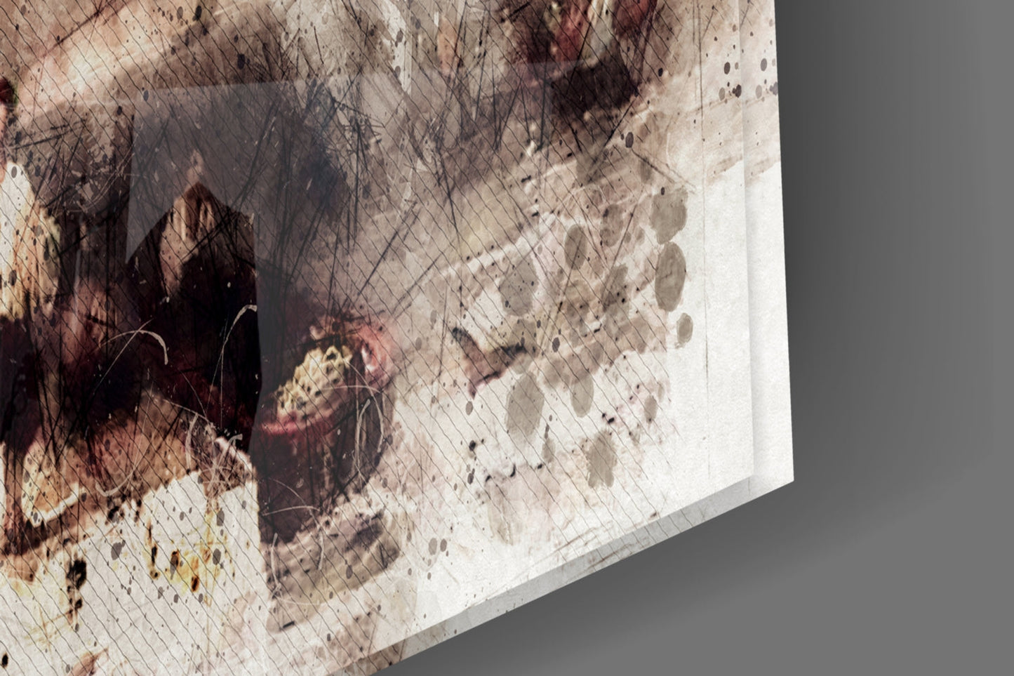 Close-up angled view of textured glass wall art with dark brown, cream, and rust-colored abstract splatter and line patterns.