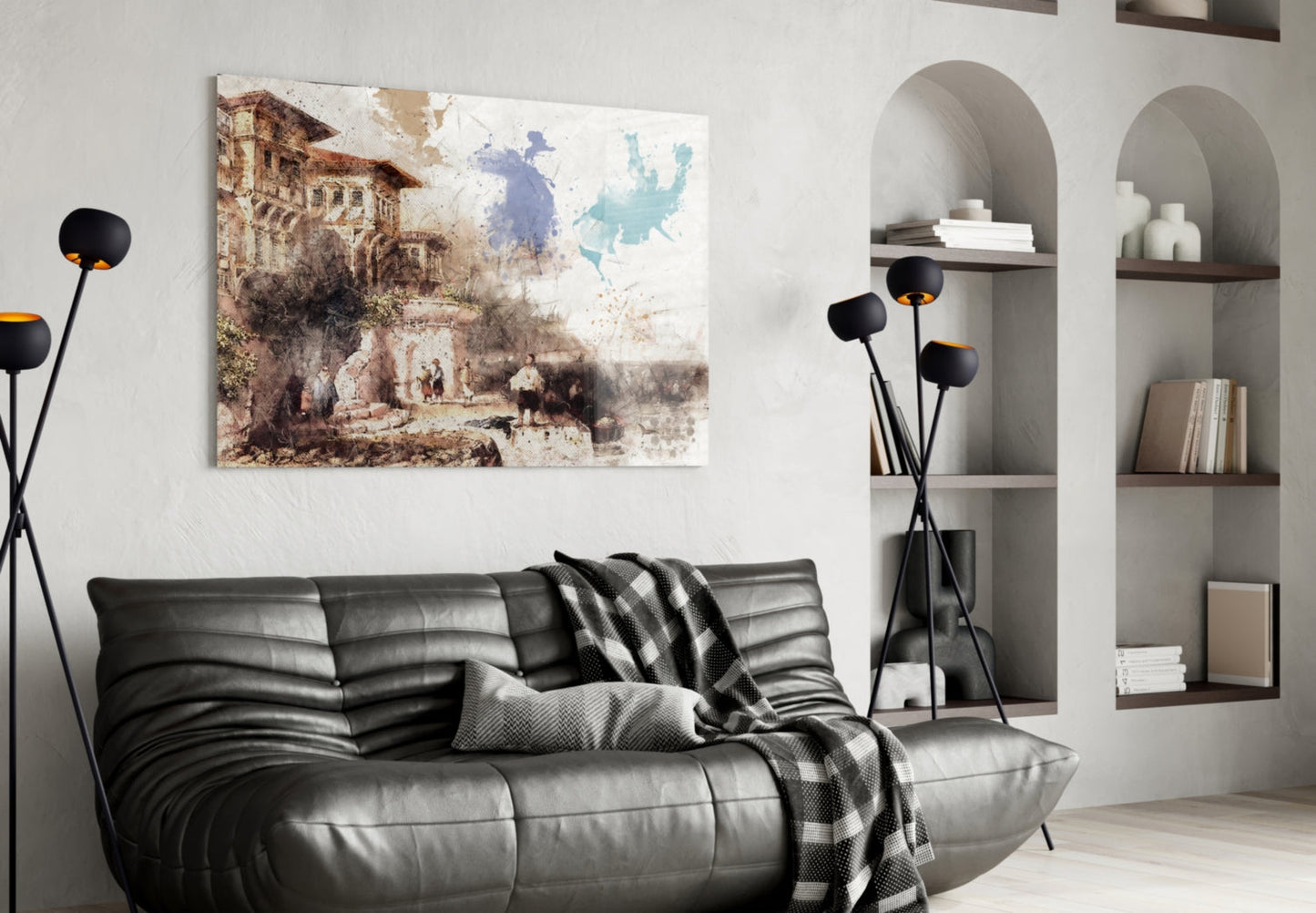 Modern living room interior with sepia-toned architectural glass wall art above black leather sofa, flanked by arched wall shelving.