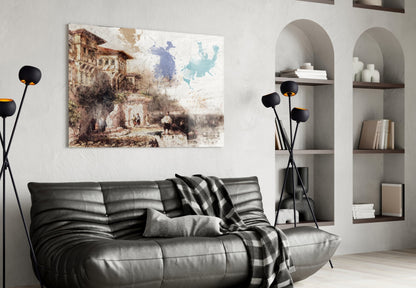 Modern living room interior with sepia-toned architectural glass wall art above black leather sofa, flanked by arched wall shelving.