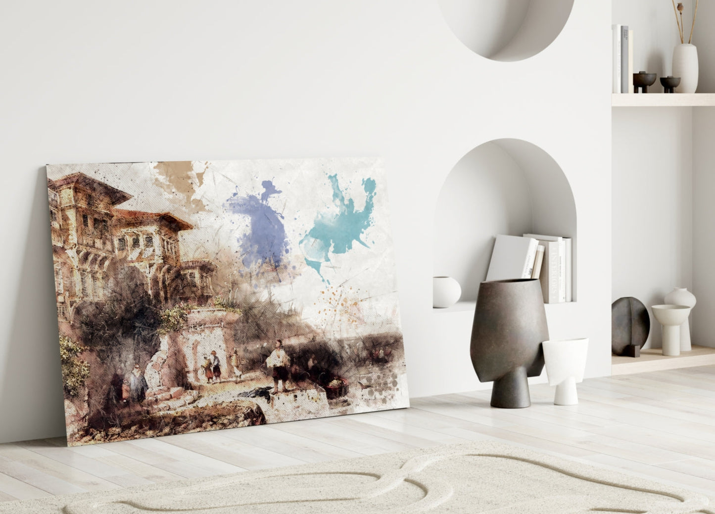 Bay Window Glass Wall Art displaying watercolor architectural scene with brown building and blue-teal paint splashes, leaning against white interior wall.