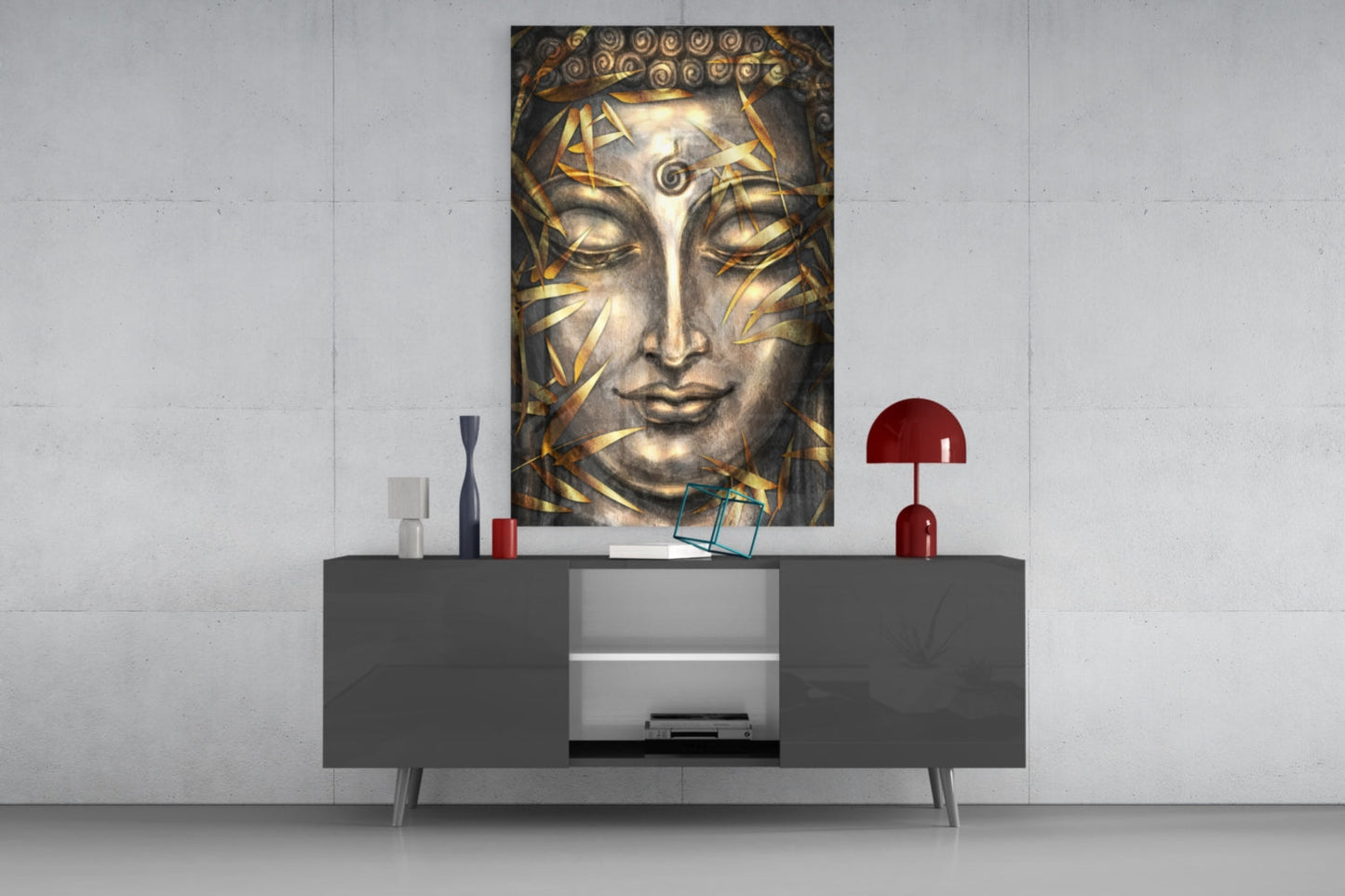Mystical Sculpture Glass Wall Art displayed on dark gray console table with red lamp and decorative objects against white wall.
