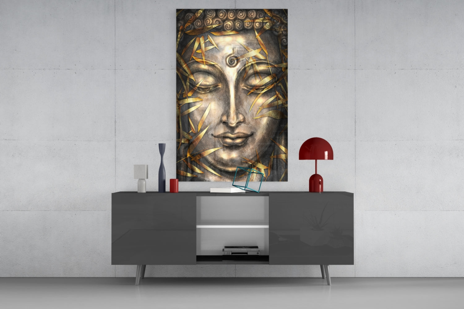 Mystical Sculpture Glass Wall Art displayed on dark gray console table with red lamp and decorative objects against white wall.
