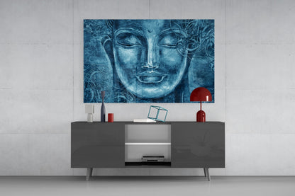 Blue glass wall art featuring a serene Buddha face displayed above a dark media console with red decorative accents.