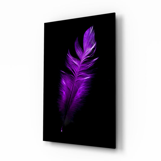 Angled view of a black glass panel displaying a luminous purple feather centered against a dark background.