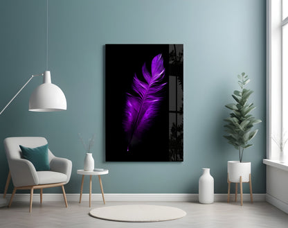 Vivid Purple Feather On Black Glass Wall Art