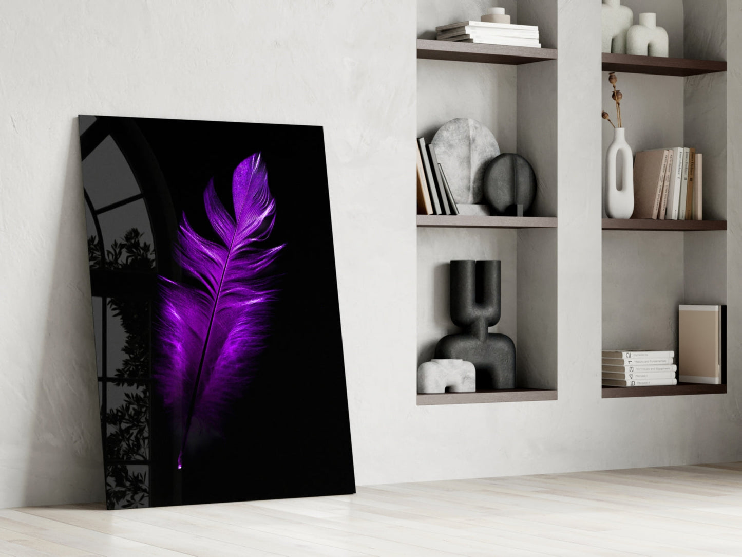 Vivid Purple Feather On Black Glass Wall Art
