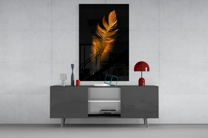 Copper Feather Glass Wall Art displayed above a gray media console in a modern interior setting with red accents.