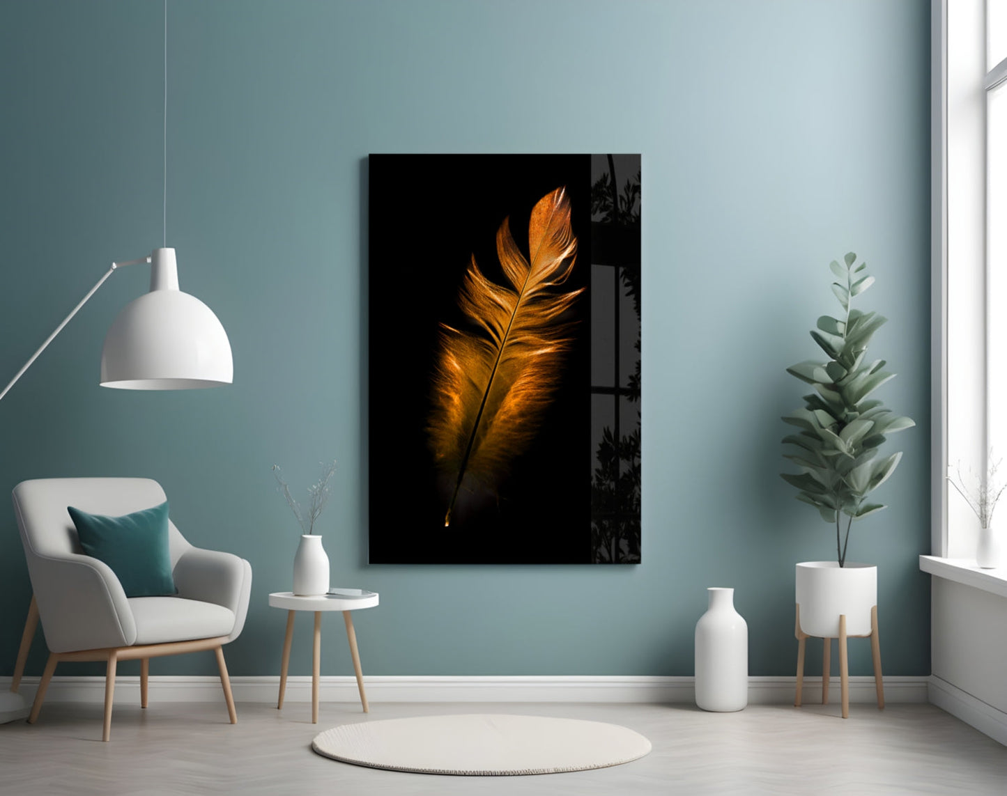 Copper feather glass wall art displayed on a teal wall above a white chair in a minimalist room setting.