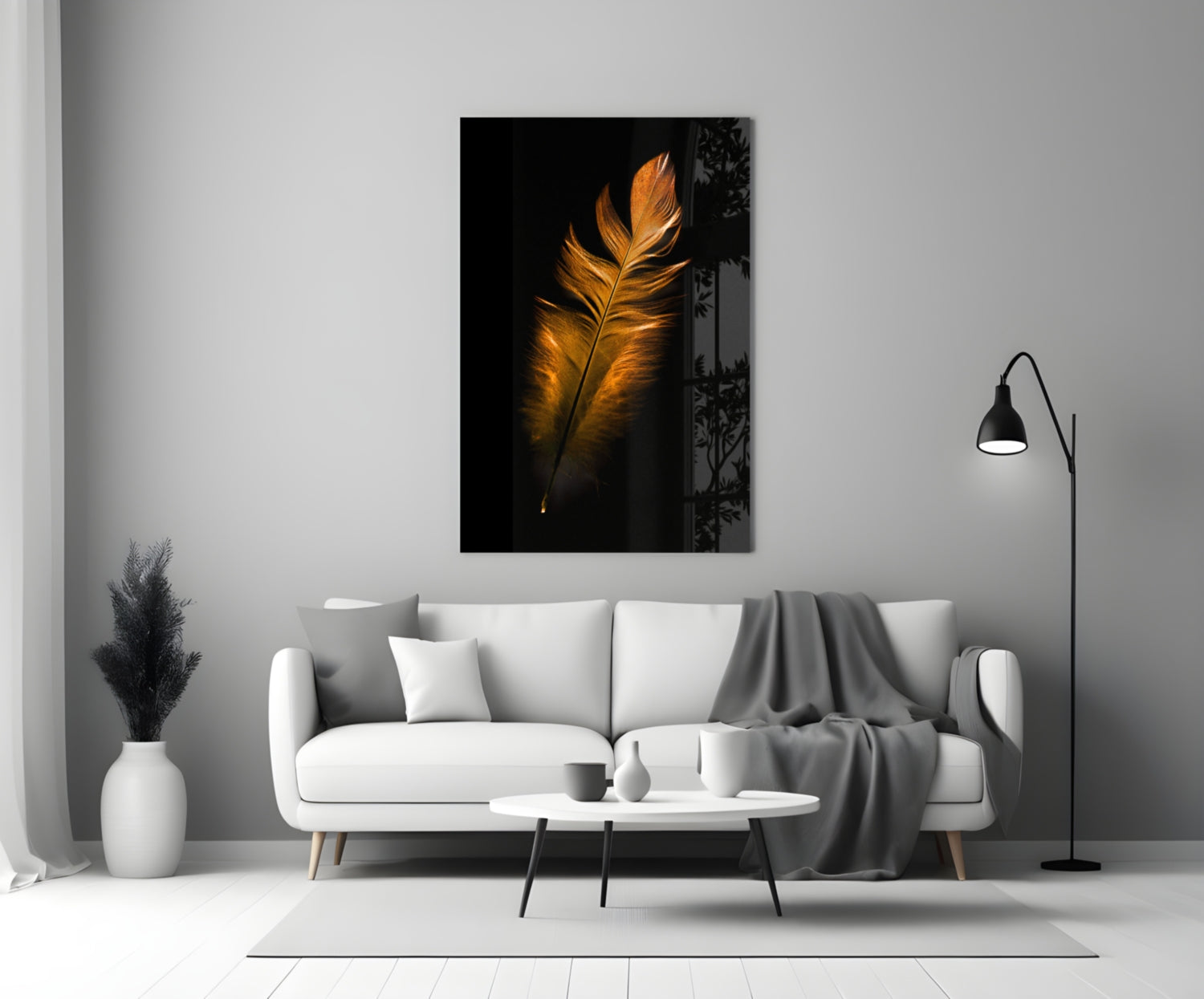 Copper Feather Glass Wall Art displayed above white sofa in minimalist living room with black floor lamp.