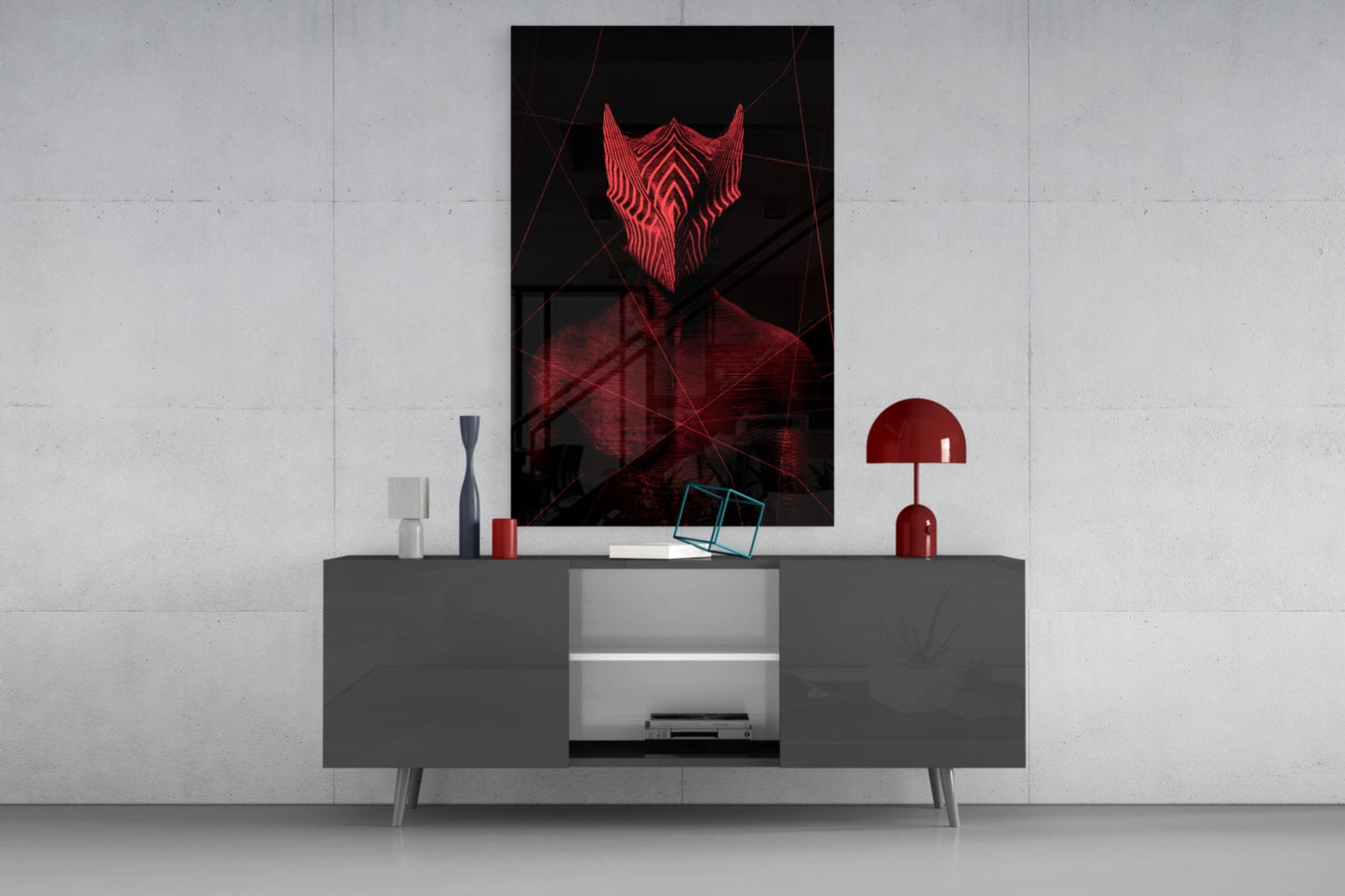 Modern living room display featuring red neon demon mask glass art above gray media console with red mushroom lamp.