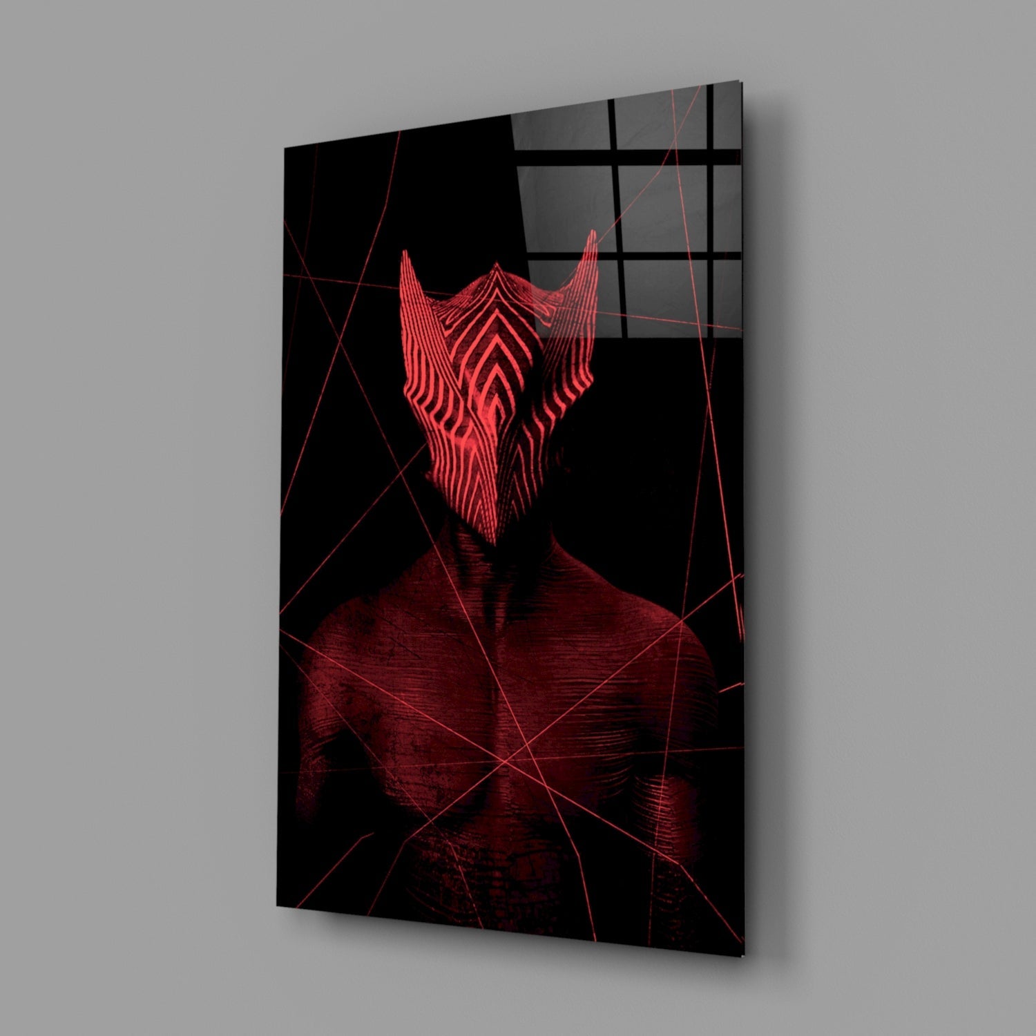 Angled perspective view of red neon glowing winged mask design on black glass panel with geometric line patterns.