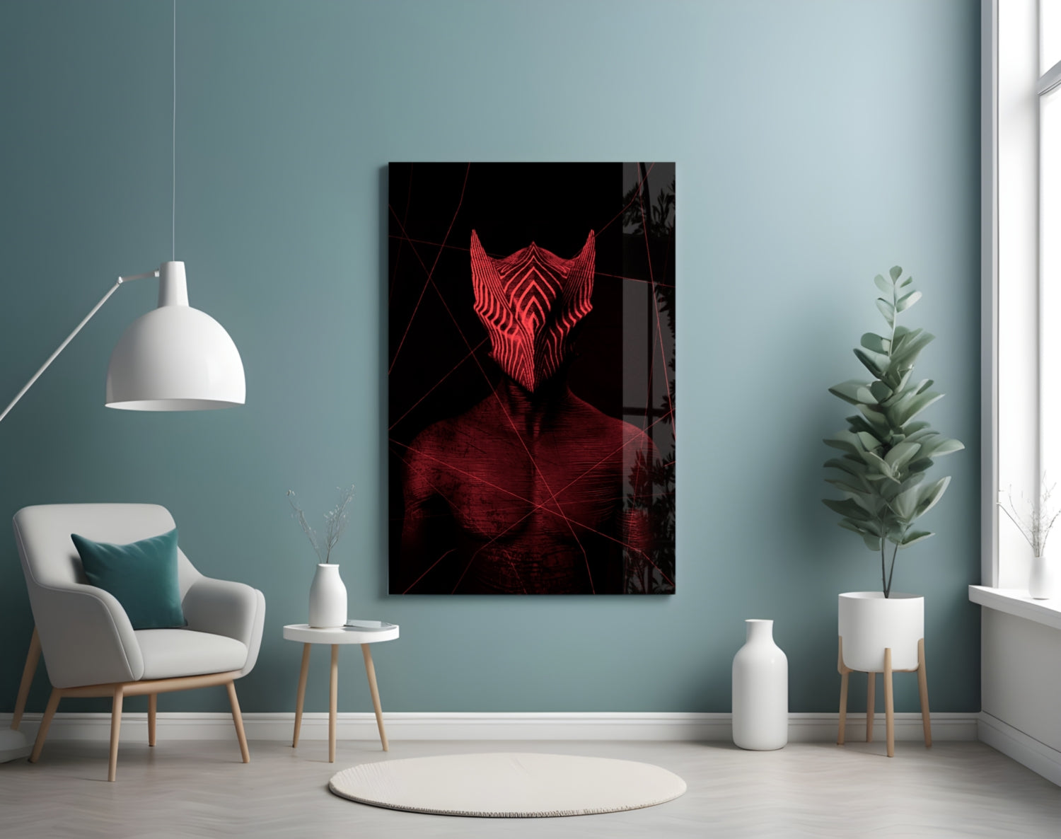 Red neon demon mask wall art displayed on teal wall above white chair in modern living room setting.