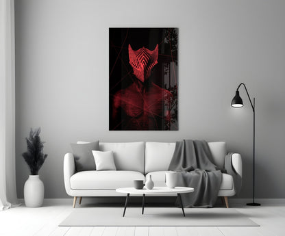 Red neon glowing face artwork hanging above white sofa in minimalist living room setting.